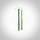 Hand crafted large, New Zealand Inanga Jade drop earrings with Sterling Silver Hooks. Jade drop earrings, packaged in a woven kete pouch.